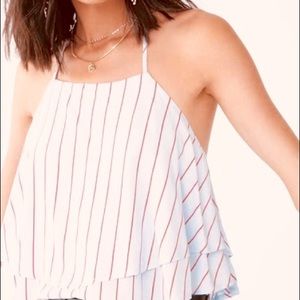 2 layer adjustable halter flutter Blouse white w taupe stripes breezy summer top